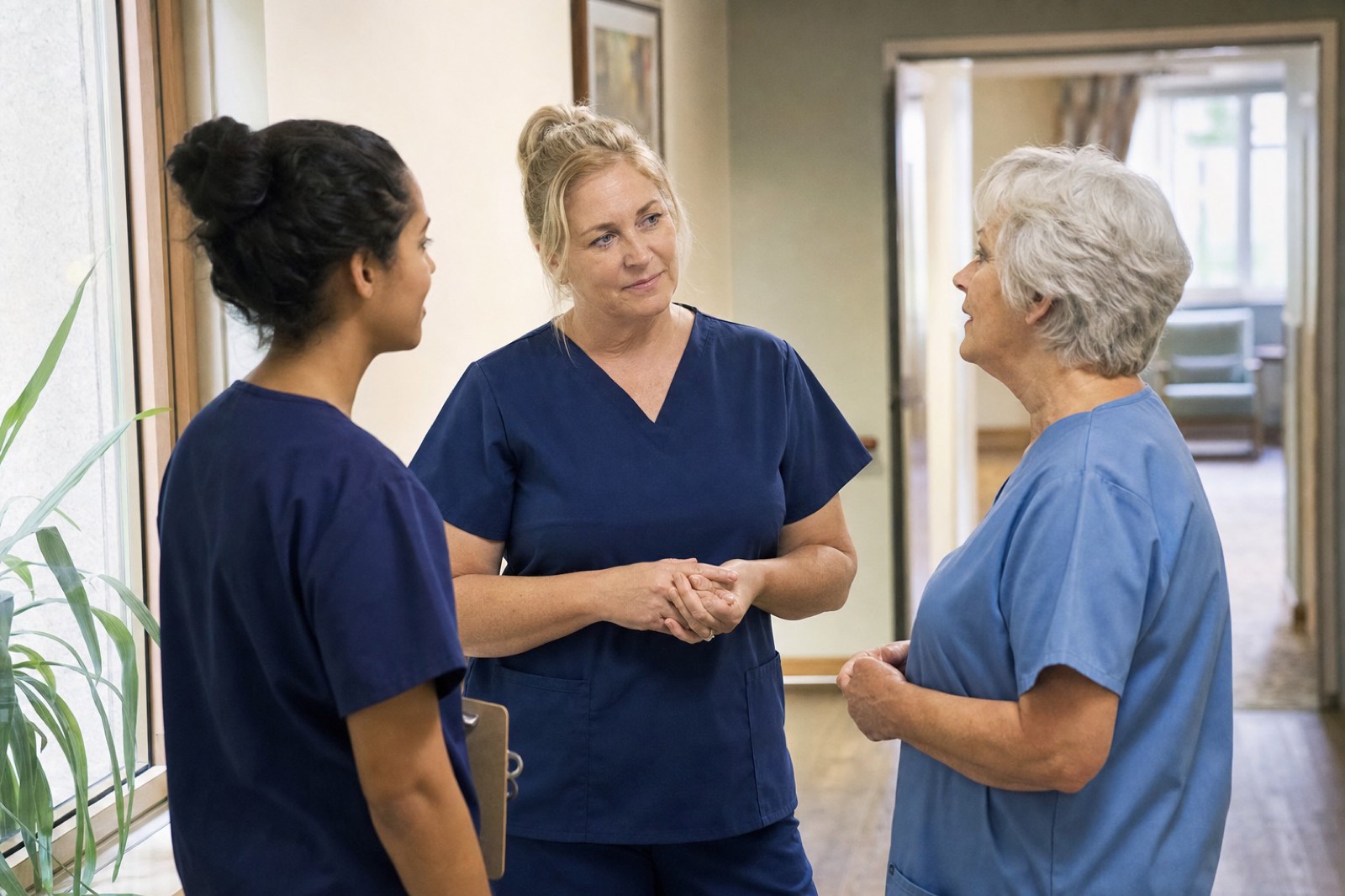 Three staff members talking together in a hospital corridor