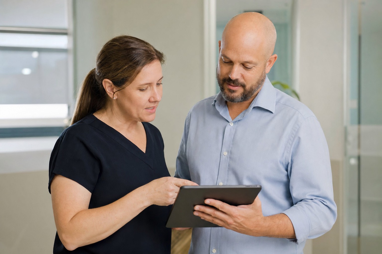 A clinician and a manager reviewing information together on a tablet