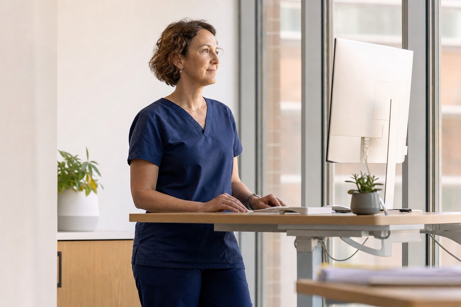 A clinician working at a standing desk