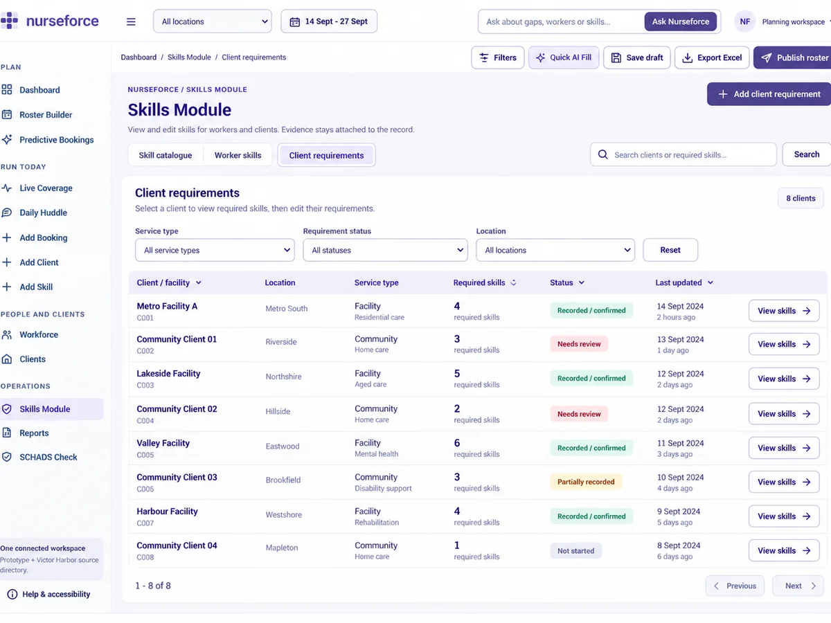 The skills module: client requirements with their recording status, and the skills evidence held against each record.